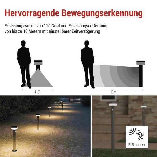 Emos LED Solar-Wegeleuchte Terion 2W warmweiss 3000K Bewegungsmelder Akku IP44 Anthrazit Edelstahl 12,5x12,5cm ZGJ0F4S