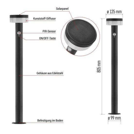 Emos LED Solar-Wegeleuchte Terion 2W warmweiss 3000K Bewegungsmelder Akku IP44 Anthrazit Edelstahl 12,5x12,5cm ZGJ0F4S