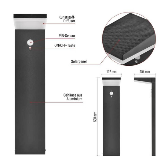 Emos LED Solar-Wegeleuchte Verea 4,4W warmweiss 3000K Bewegungsmelder Akku IP44 Schwarz Aluminium 15x11cm ZGK0B4S