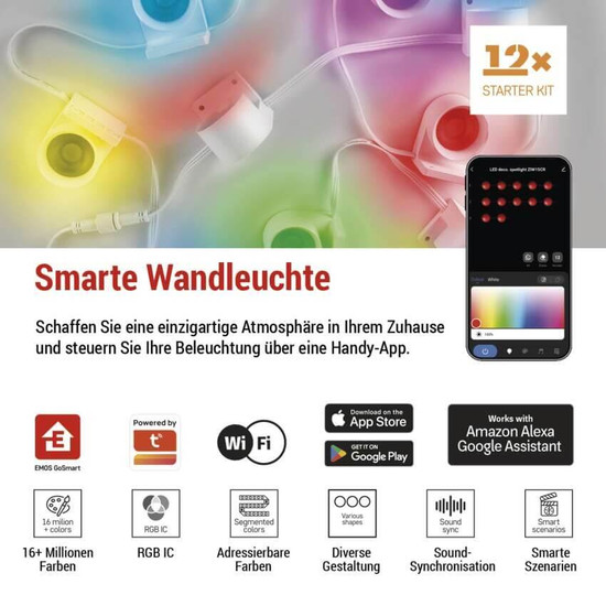 Emos LED Leuchtenset RGBIC 12-teilig 7W CCT warm-/tageslichtweiss 3000K/6500K dimmbar WiFi Weiß 255cm ZIW15CR