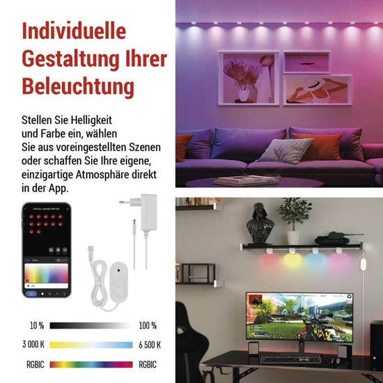 Emos LED Leuchtenset RGBIC 12-teilig 7W CCT warm-/tageslichtweiss 3000K/6500K dimmbar WiFi Weiß 255cm ZIW15CR