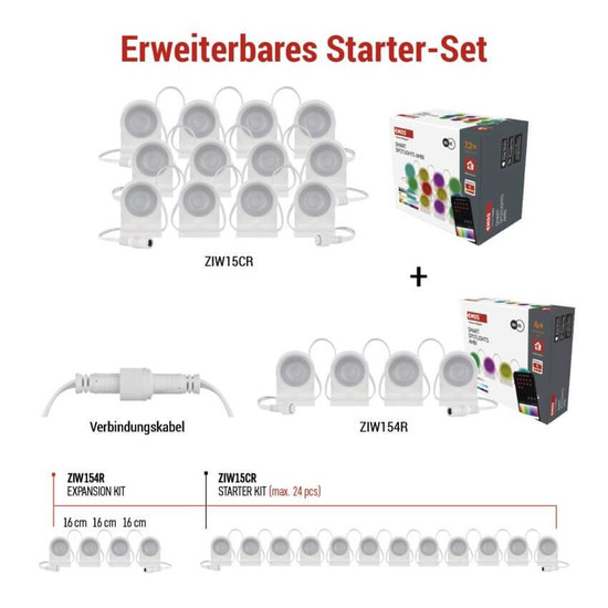 Emos LED Leuchtenset RGBIC 12-teilig 7W CCT warm-/tageslichtweiss 3000K/6500K dimmbar WiFi Weiß 255cm ZIW15CR
