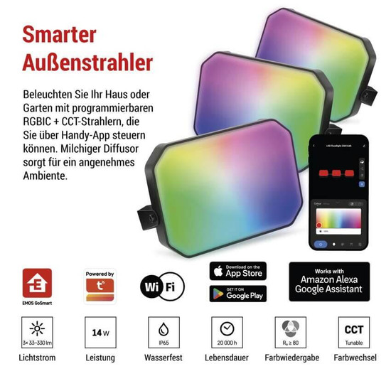Emos LED Außenstrahler Set GoSmart Starter-Set RGBIC 3-teilig 14W CCT warm-/tageslichtweiss 3000K/6500K dimmbar WiFi IP65 Schwarz ZIW184R