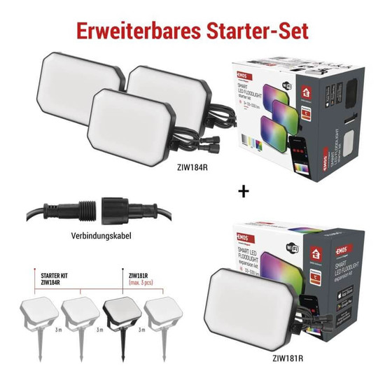 Emos LED Außenstrahler Set GoSmart Starter-Set RGBIC 3-teilig 14W CCT warm-/tageslichtweiss 3000K/6500K dimmbar WiFi IP65 Schwarz ZIW184R