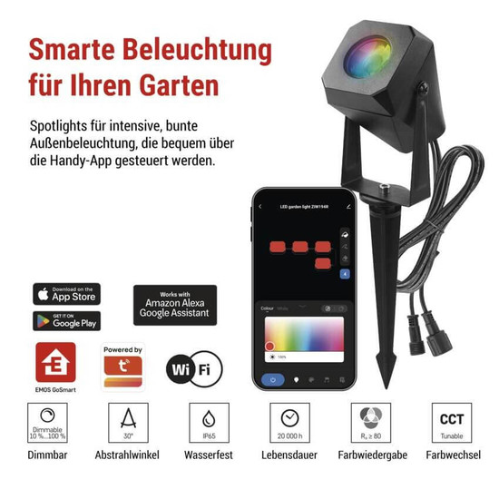 Emos LED Außenstrahler Set GoSmart Erweiterungsset RGBIC 1,5W CCT warm-/tageslichtweiss 3000K/6500K dimmbar WiFi IP65 Schwarz ZIW191R