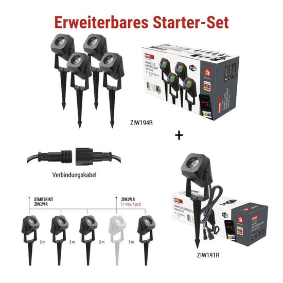 Emos LED Außenstrahler Set GoSmart Erweiterungsset RGBIC 1,5W CCT warm-/tageslichtweiss 3000K/6500K dimmbar WiFi IP65 Schwarz ZIW191R