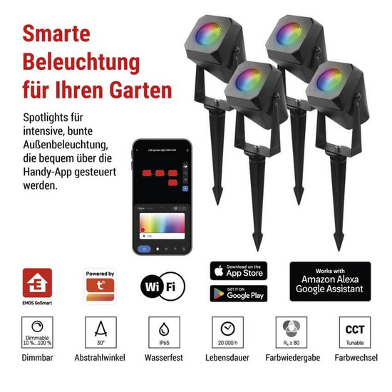 Emos LED Außenstrahler Set GoSmart Starter-Set RGBIC 4-teilig 7W CCT warm-/tageslichtweiss 3000K/6500K dimmbar WiFi IP65 Schwarz ZIW194R