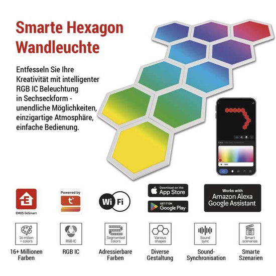 Emos LED Leuchtenset GoSmart Hexagon Starter-Set RGBIC 10-teilig 19W dimmbar WiFi Weiß ZIW22AR