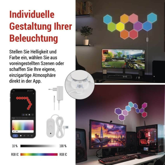 Emos LED Leuchtenset GoSmart Hexagon Starter-Set RGBIC 10-teilig 19W dimmbar WiFi Weiß ZIW22AR