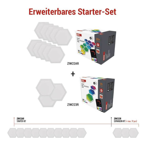 Emos LED Leuchtenset GoSmart Hexagon Starter-Set RGBIC 10-teilig 19W dimmbar WiFi Weiß ZIW22AR