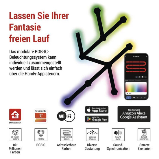 Emos LED Leuchtenset GoSmart Lines RGBIC 9-teilig 34W dimmbar WiFi Schwarz ZIW269R