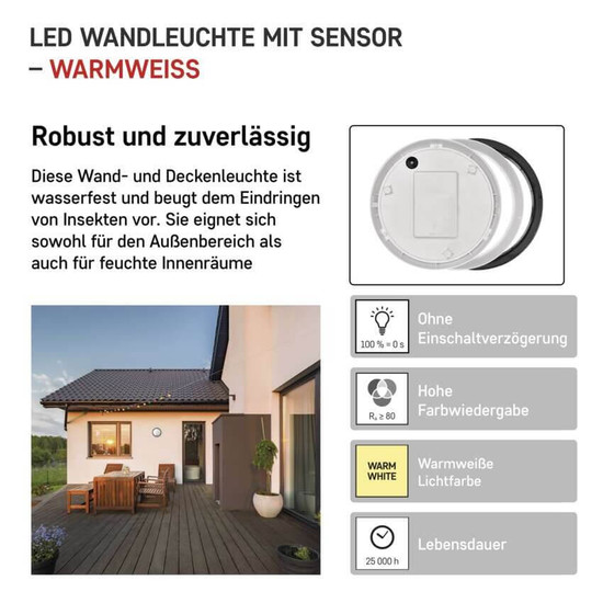 Emos LED Wandleuchte Zuri 14W warmweiss 3000K Bewegungsmelder IP54 Schwarz Weiß Ø21,5cm ZM3131