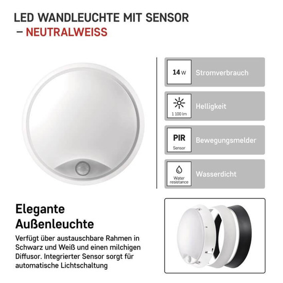 Emos LED Wandleuchte Zuri 14W neutralweiss 4000K Bewegungsmelder IP54 Schwarz Weiß Ø21,5cm ZM3231