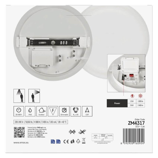 Emos LED Deckenleuchte Dori Evo 24W einstellbar neutralweiss 4000K Bewegungsmelder IP65 Weiß Ø28cm ZM4317