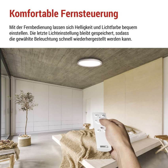 Emos LED Deckenleuchte Sabi 45W CCT warm-/tageslichtweiss 2700K/6500K dimmbar Fernbedienung Weiß Stahl 50cm ZM5112
