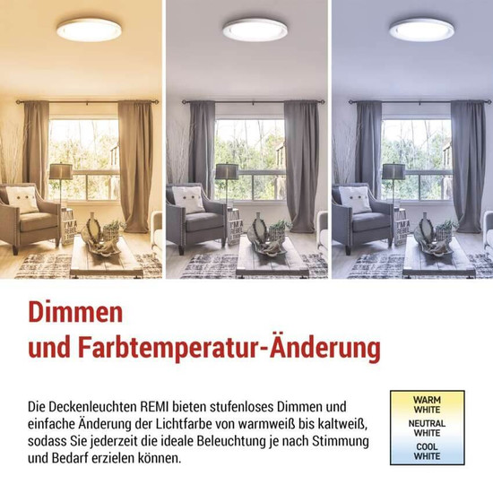 Emos LED Deckenleuchte Remi 45W CCT warm-/tageslichtweiss 2700K/6500K dimmbar Fernbedienung Weiß Stahl 51cm ZM5113