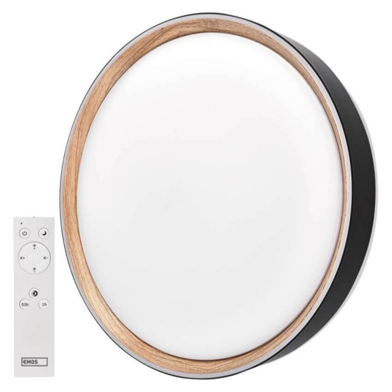 Emos LED Deckenleuchte Ilvi 45W CCT warm-/tageslichtweiss 2700K/6500K dimmbar Fernbedienung Schwarz Holz Stahl Ø50cm ZM5117