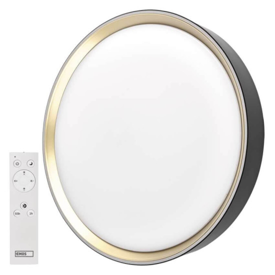 Emos LED Deckenleuchte Ilvi 30W CCT warm-/tageslichtweiss 2700K/6500K dimmbar Fernbedienung Schwarz Champagner Stahl Ø40cm ZM5118