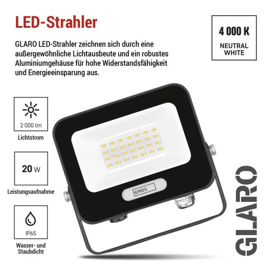 Emos LED Fluter Glaro 20W neutralweiss 4000K IP65 Schwarz Aluminium 12x11cm ZS2224B