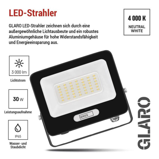 Emos LED Fluter Glaro 30W neutralweiss 4000K IP65 Schwarz Aluminium 16x14cm ZS2234B