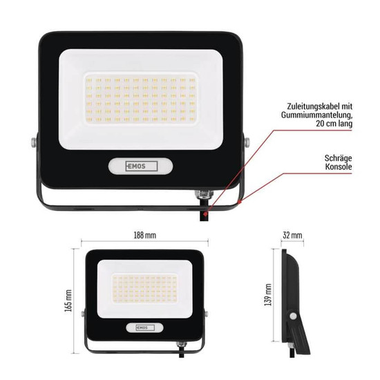 Emos LED Fluter Glaro 50W neutralweiss 4000K IP65 Schwarz Aluminium 19x16,5cm ZS2244B