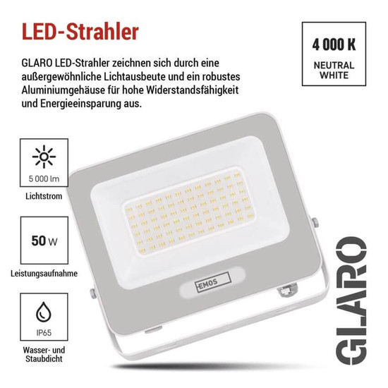 Emos LED Fluter Glaro 50W neutralweiss 4000K IP65 Weiß Aluminium 19x16,5cm ZS2244W