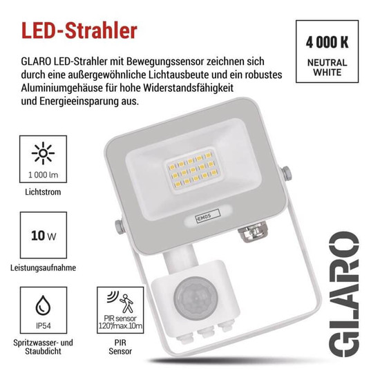Emos LED Fluter mit Bewegungsmelder Glaro 10W neutralweiss 4000K IP54 Weiß Aluminium 10,5x13cm ZS2314W