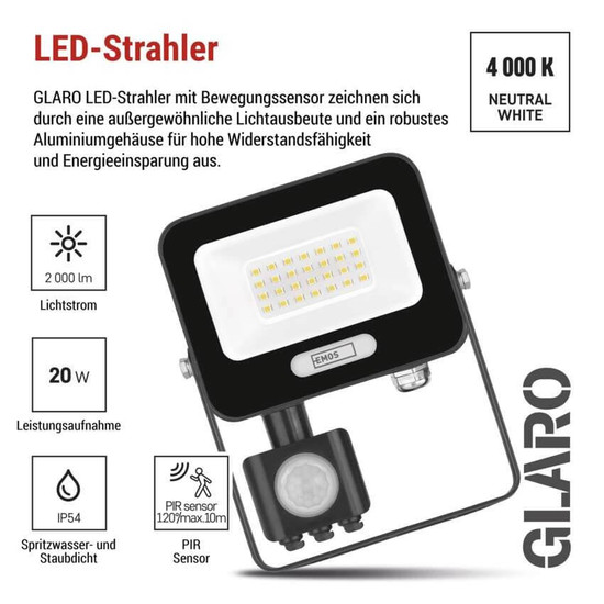 Emos LED Fluter mit Bewegungsmelder Glaro 20W neutralweiss 4000K IP54 Schwarz Aluminium 12x15cm ZS2324B