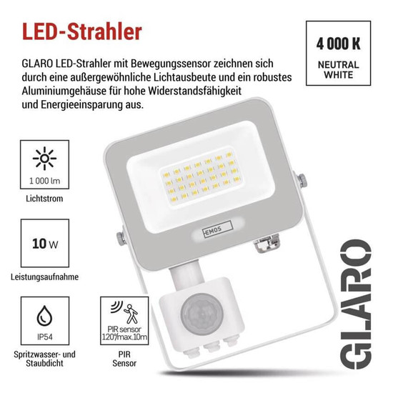 Emos LED Fluter mit Bewegungsmelder Glaro 20W neutralweiss 4000K IP54 Weiß Aluminium 12x15cm ZS2324W