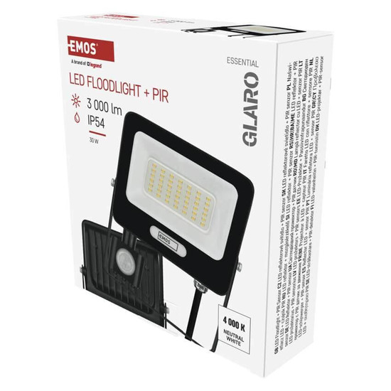 Emos LED Fluter mit Bewegungsmelder Glaro 30W neutralweiss 4000K IP54 Schwarz Aluminium 16x18cm ZS2334B