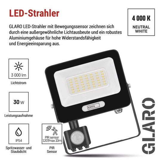 Emos LED Fluter mit Bewegungsmelder Glaro 30W neutralweiss 4000K IP54 Schwarz Aluminium 16x18cm ZS2334B