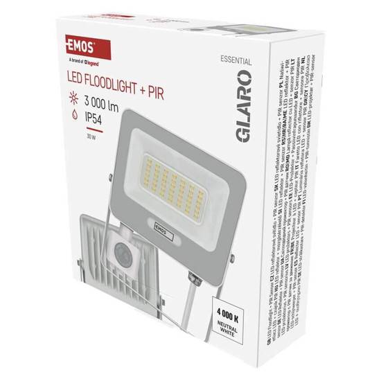 Emos LED Fluter mit Bewegungsmelder Glaro 30W neutralweiss 4000K IP54 Weiß Aluminium 16x18cm ZS2334W