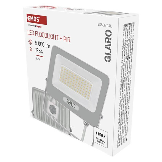 Emos LED Fluter mit Bewegungsmelder Glaro 50W neutralweiss 4000K IP54 Weiß Aluminium 19x20cm ZS2344W