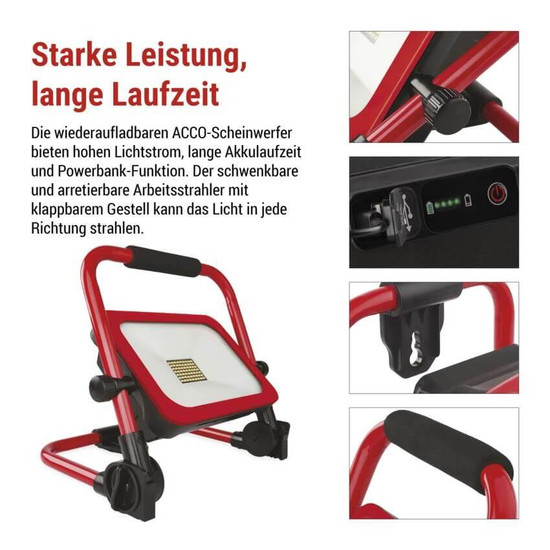Emos LED Fluter Acco 50W tageslichtweiss 6500K Akku IP54 Rot Schwarz Aluminium 29x22cm ZS2833