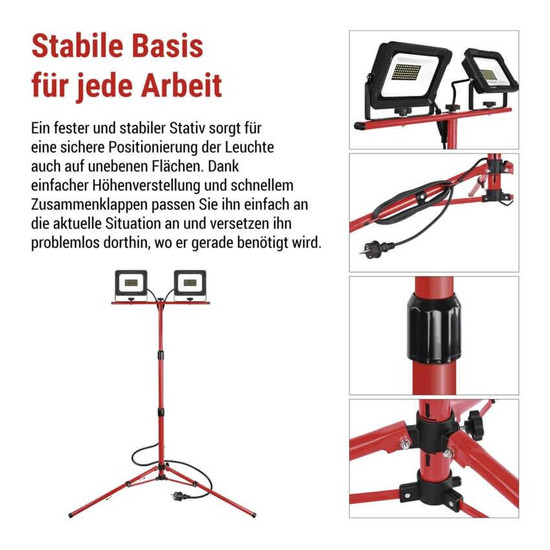 Emos LED Fluter Set mit Stativ Elion 2x 30W neutralweiss 4000K IP65 Rot Schwarz Aluminium 115x107,5cm ZS3333.2