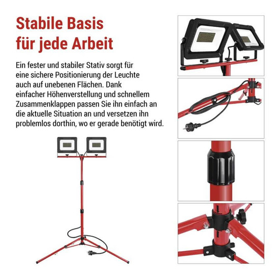 Emos LED Fluter Set mit Stativ Elion 2x 50W neutralweiss 4000K IP65 Rot Schwarz Aluminium 115x107,5cm ZS3343.2