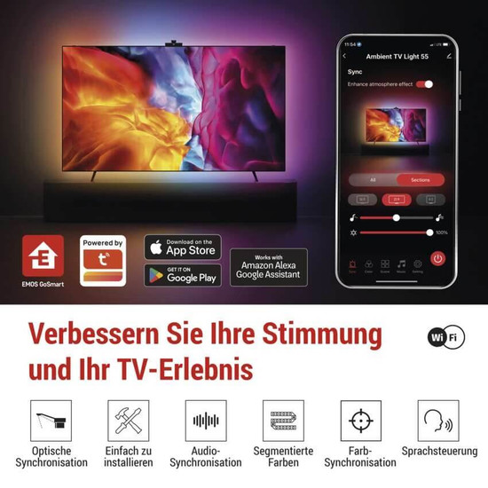 Emos LED TV-Hintergrundbeleuchtung Ambient RGB für 55 Zoll 24W WiFi Schwarz Weiß ZTV55
