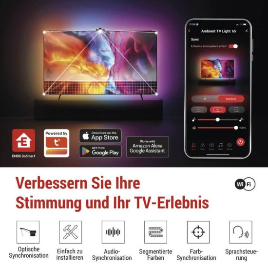 Emos LED TV-Hintergrundbeleuchtung Ambient RGB für 65 Zoll 24W WiFi Schwarz Weiß ZTV65