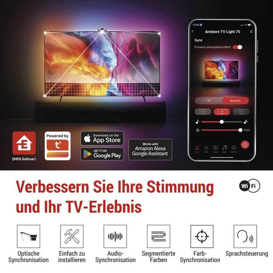 Emos LED TV-Hintergrundbeleuchtung GoSmart Ambient RGB für 75 Zoll 24W WiFi Schwarz Weiß ZTV75