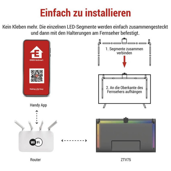 Emos LED TV-Hintergrundbeleuchtung GoSmart Ambient RGB für 75 Zoll 24W WiFi Schwarz Weiß ZTV75