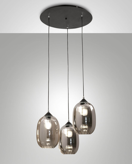 Fabas Luce Pendelleuchte Infinity E27 3-flammig Smartluce Grau transparent Metall Glas Ø58cm