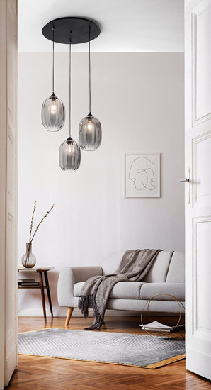 Fabas Luce Pendelleuchte Infinity E27 3-flammig Smartluce Grau transparent Metall Glas Ø58cm