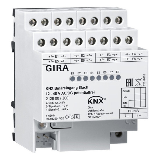 Gira 212800 Binäreingang 8-fach 12 - 48 V AC/DC pot.frei KNX REG