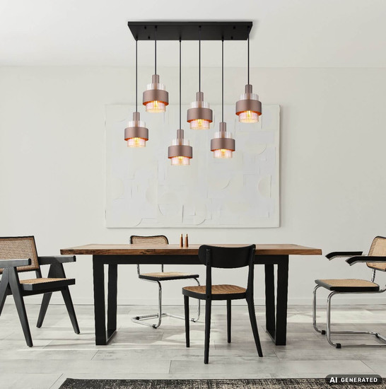 Globo Pendelleuchte Milley 6-flammig E27 Schwarz matt amber Metall Glas 150x96cm