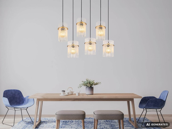 Globo Pendelleuchte Gorley 6-flammig E27 Goldfarben matt opal Metall Glasstäbe 125x92,5cm