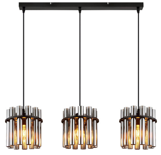 Globo Pendelleuchte Gorley II 3-flammig E27 Schwarz matt rauchfarben Metall Glasstäbe 120x80cm