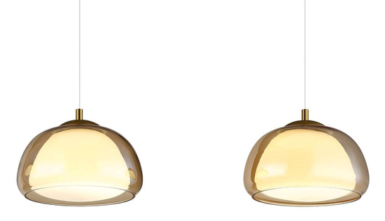 Globo LED Pendelleuchte Avila 35W dimmbar Fernbedienung CCT warm-/tageslichtweiss Goldfarben gebürstet amber Metall Glas 150x117cm
