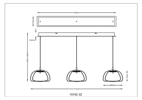 Globo LED Pendelleuchte Avila 35W dimmbar Fernbedienung CCT warm-/tageslichtweiss Schwarz-chrom rauchfarben Metall Glas 150x117cm