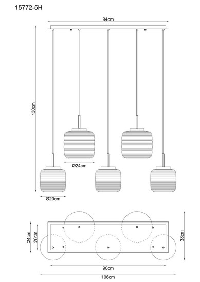 Globo Pendelleuchte Kladora 5-flammig E27 Nickel matt Metall Glas 130x106cm