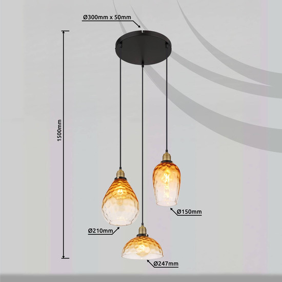 Globo Pendelleuchte Salvy 3-flammig E27 Schwarz matt amber Metall Glas Ø46cm